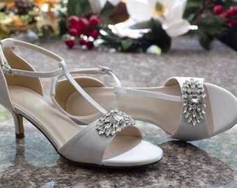 Elegant Low Heel T-Strap Bridal Sandal White or Ivory Ankle Strap Closed Heel Rhinestone Embellished