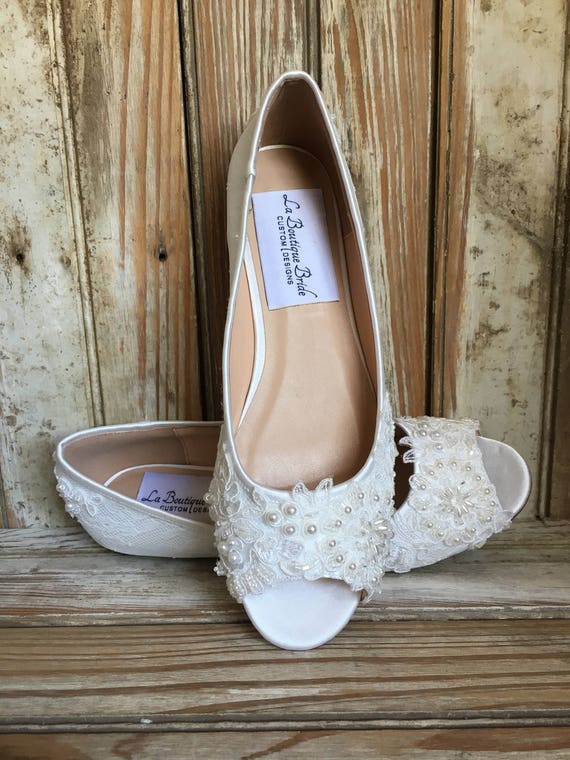 All Lace Open Toe Bridal Flat Shoe Beaded Lace front and