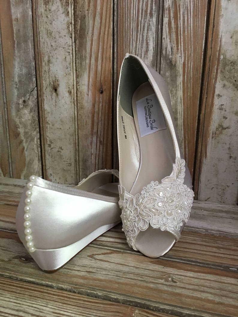 Open Toe Lace Beaded Low Wedge Satin and Lace Bridal Shoe