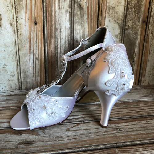 Rhinestone and lace bridal shoe beaded T strap open toe bridal shoe satin wedding shoe 2 3/4" heel Wide width available