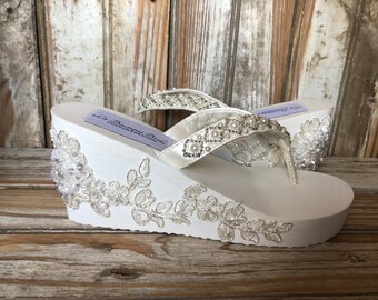 Wedding Flip Flop Wedge Destination Bride Flip Flop Beaded Wedge Flip Flop Thong