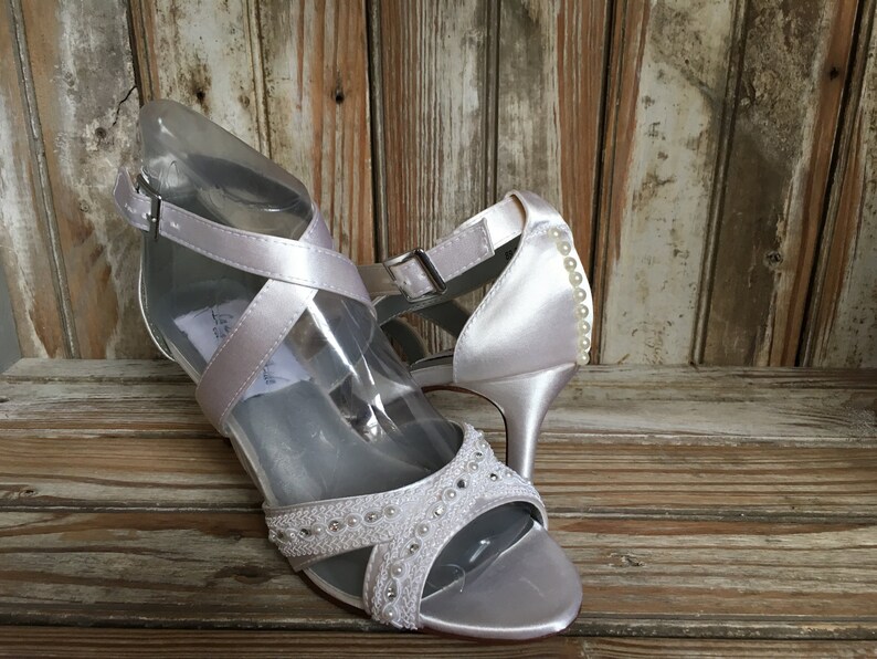 Bridal Sandal Beaded Lace Ankle Strap Medium Heel Wedding Etsy