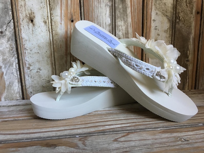Destination Wedding Beaded Lace Wedge Flip Flop Reception Flip Etsy