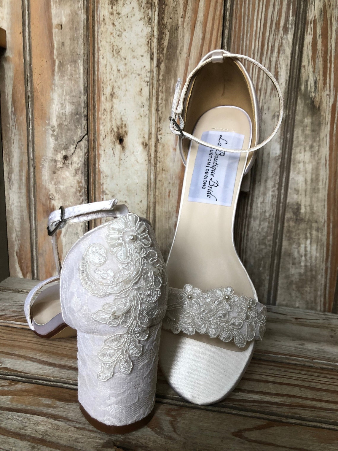 Ankle Strap Chunky Heel Beaded Lace Bridal Shoe Ivory Wedding - Etsy
