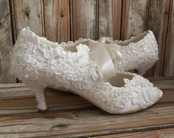 All Lace Victorian Style Bridal Shoe Mid Heel Open Toe Satin - Etsy