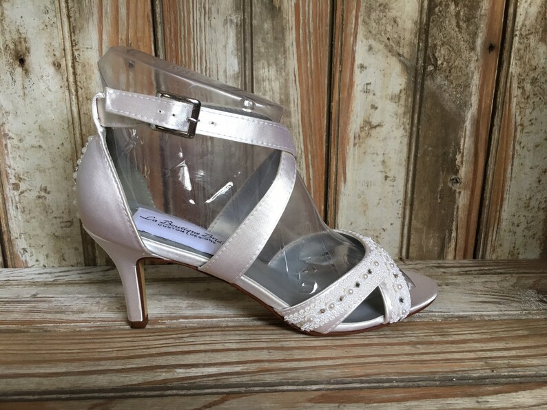 Bridal Sandal Beaded Lace Ankle Strap Medium Heel Wedding Etsy