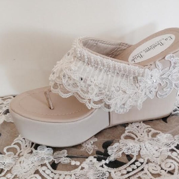 Destination Beach Bride Wedge Ivory Beaded Lace Flip Flop Bride Ivory Wedge Flip Flop Wedding Wedge