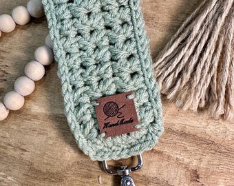 Sage Green Handmade Crochet Wristlet Keychain, Boho Lanyard, Wrist Strap Key Holder, Teacher Gift, One of a kind- only 1 available