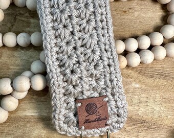 Heather Gray Handmade Crochet Wristlet Keychain, Boho Lanyard, Wrist Strap Key Holder, Teacher Gift, One of a kind- only one available