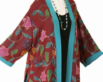 Plus Size Special Occasion Jacket Beaded Handpainted Silk Floral Red Pink Green Turquoise Sizes 26/28, 30/32