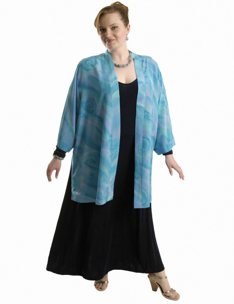 Plus Size Mother of Bride Dress Jacket Jade Turquoise Lavender Silk Tunic-Length Kimono Jacket Dress Custom Made Sizes 22/24 26/28 image 2