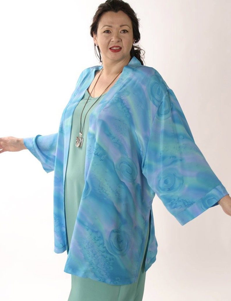 Plus Size Mother of Bride Dress Jacket Jade Turquoise Lavender Silk Tunic-Length Kimono Jacket Dress Custom Made Sizes 22/24 26/28 image 1