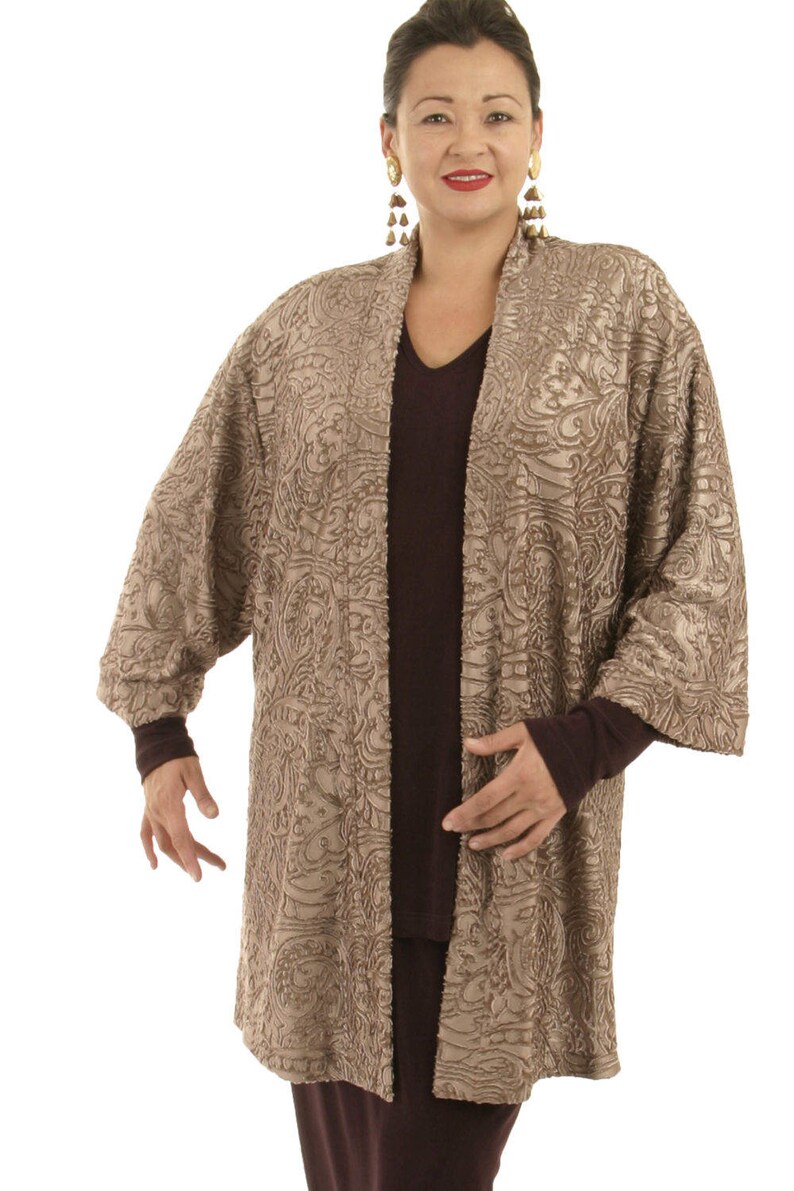 Plus Size Mother of Bride Dress With Jacket Tunic Length Kimono Stretch Filigree Taupe Dress Plus Size Mother of Bride Dress With Jacket Tunic Length Kimono Stretch Filigree Taupe Dress