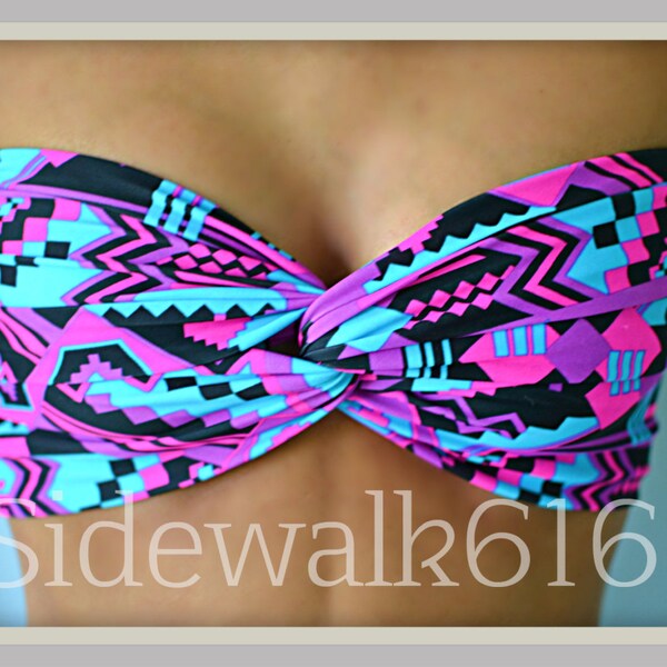 Neon Tribal Bandeau Top Bandeau Bikini Spandex Bandeau Swimsuit