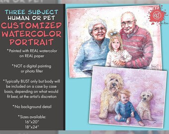 Customized Watercolor Portrait - THREE SUBJECTS - Real Watercolor Painting on 140Lb Cold-Press Paper, Multiple Size Options Available