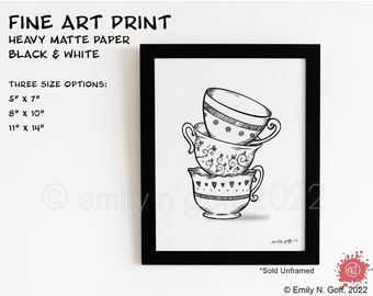 Teacups: Black & White, Art Print, Unframed - THREE SIZE OPTIONS