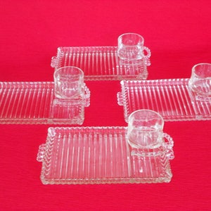 Vintage Snack Plates, Hazel Atlas, 4 Sets, (Cup & Plate), Made in USA, Built In Ash Tray,8 Pieces Crystal Clear, Excellent Condition