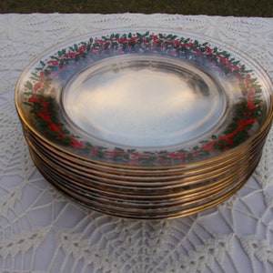 Vintage Arcoroc, France, Christmas Plate, Dessert, Salad, Luncheon Holly Trim, Red Berries, Red Ribbon, Gold Rim, Set 8, Excellent Condition