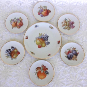 Vintage Schumann Arzberg Dessert or Salad Set.  The Plates Feature Various Fruits, Gold Ring around Edge of each Plate, Excellent Condition