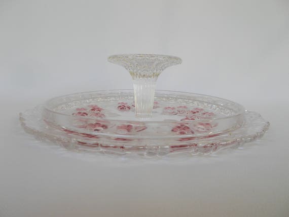 Vintage Pedestal Cake stand Mikasa Floral Pink Flowers Frosted  Large stand Bridal Shower Weddings Baby Shower
