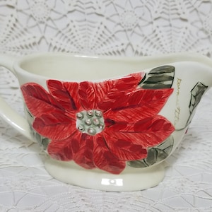 Vintage Christmas Gravy Boat, Poinsettia Happy Holidays, Gibson Designs, Handpainted, Made 1990&#39;s, Excellent Condition