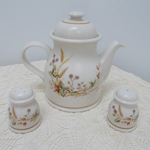 May include: A white ceramic teapot with a floral design and a matching set of salt and pepper shakers. The teapot has a lid and a spout. The salt and pepper shakers are round and have a small hole on top.