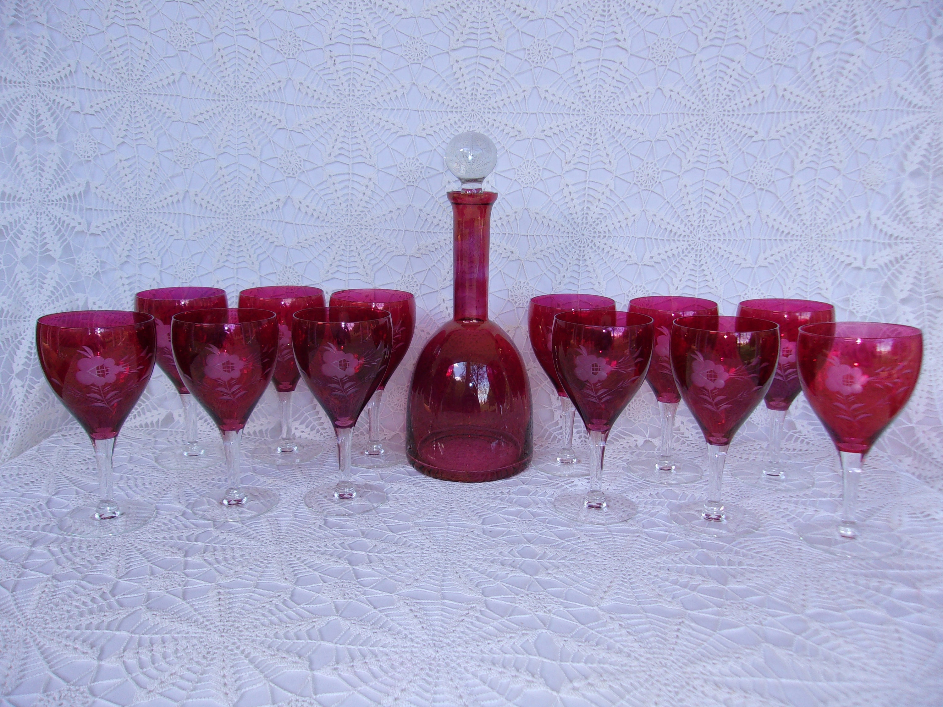 Set of 4 Etched Flowers Stemmed Wine Glasses - Ruby Lane