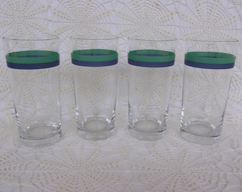 Vintage Pfaltzgraff, Pattern Ocena Blue, Set of 4 Tumblers, Blue and Green Ringed, Made of Glass, Excellent Condition