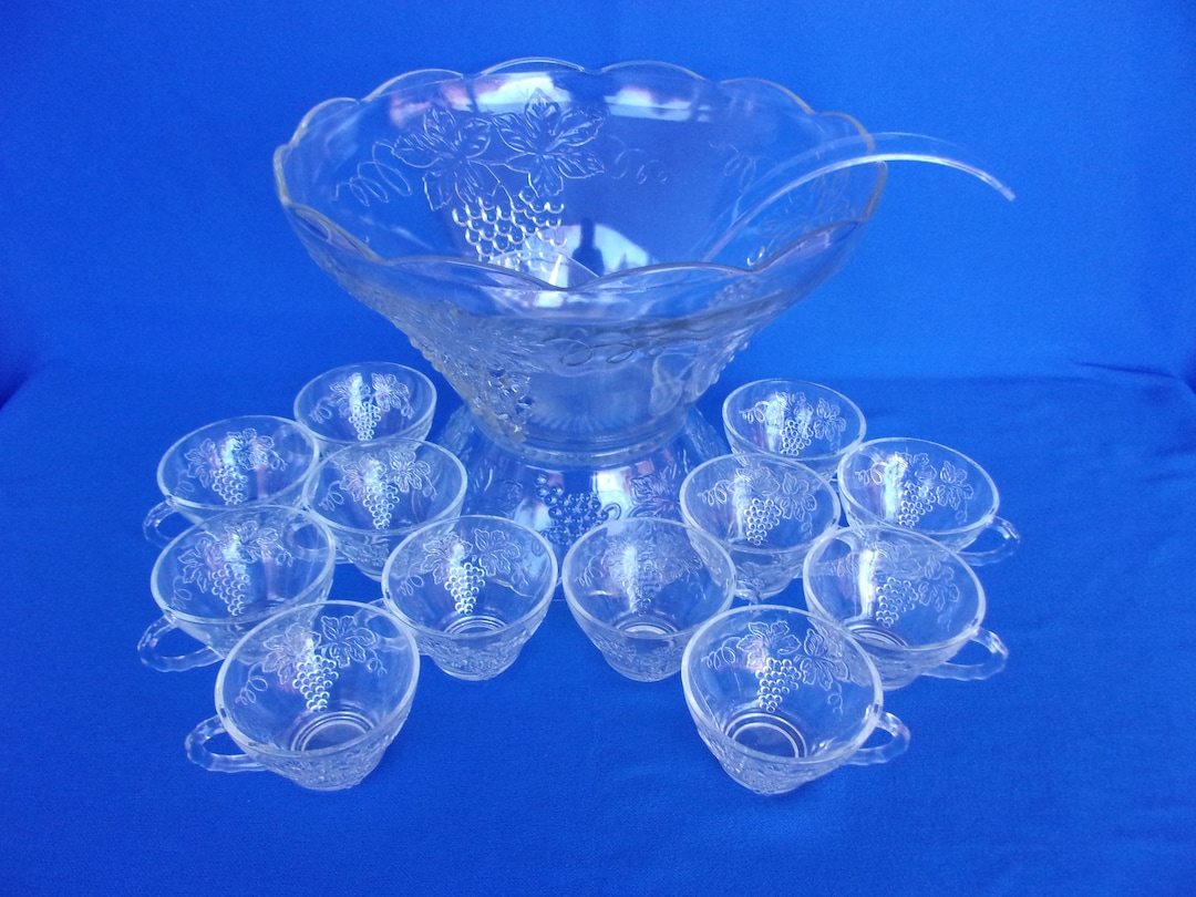 Vintage Punch Bowl Set, Anchor Hocking, Grape Design, Stand, Ladle, 12