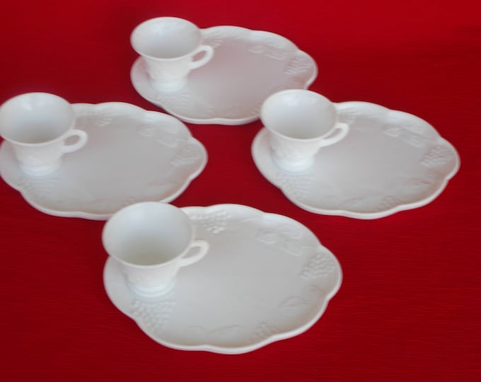 Vintage Milk Glass, Snack Plates and Cups, Grape Pattern, 4 Plates, 4 Cups, Made in USA