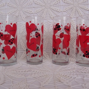 Vintage Valentine Vases, Made by Libbey, Red Hearts, Lady Bugs, with Black Accents, New, Excellent Condition, Set of 4, Made in USA