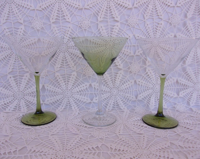 Vintage, Libbey Martini Glasses, Vina Pattern, Olive Green and Clear, 3