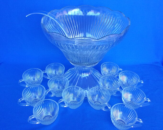 Vintage Punch Bowl Set, Royal Crest, Gibson, Stand, Ladle, 12 Cups, Set