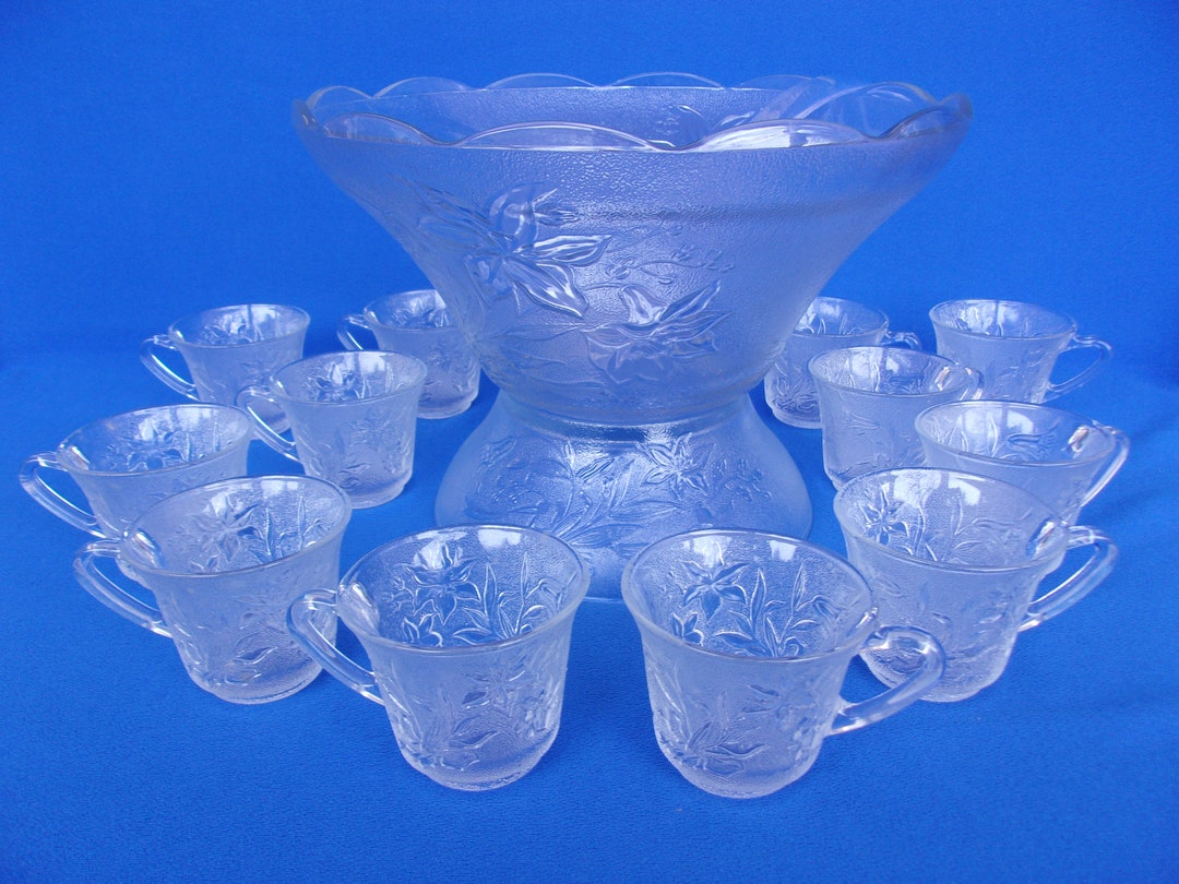 Vintage Punch Bowl Set, Imperial, Frosted Floral Pattern, Stand, Ladle