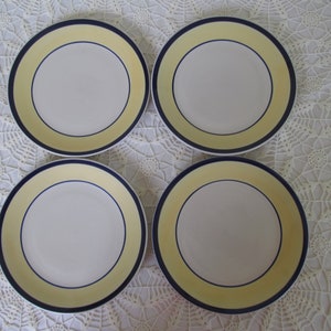 Vintage Gibson Designs, Every Day China, Tavernware Pattern, Yellow Dark Blue Bands, 4 Dessert or Salad Plates, Rare, Excellent Condition