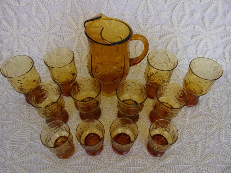 Indiana Glass Honey Gold Color 13 Piece Set Beverage Set Country Garden Excellent Condition During 1970s Made in USA