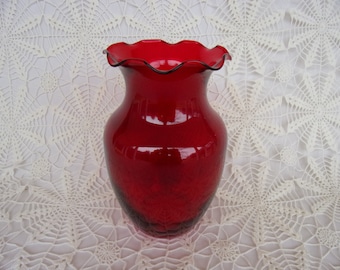 Vintage Ruby Red, Ruffled Vase, Made by Libbey Glass, 1970s, Made In USA, New, Never Been Used
