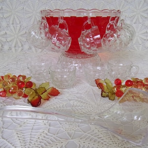 Vintage Punch Bowl Set, Yorktown Pattern, Thumbprint, Made by Federal Glass, Made in USA, Excellent Condition
