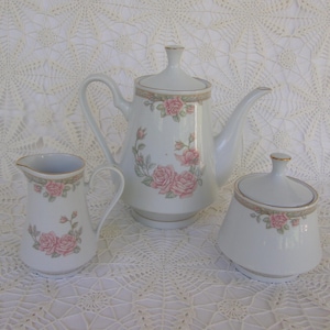 Vintage Tienshan, Teapot or Coffee Pot, Creamer, Sugar Bowl, Features Pink Roses, Green Leaves, Tan Scrolls, Excellent Condition, New