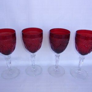 Vintage Cristol D Arques, Durand, 1970s to 1980s, Hand Cut, Ruby Red, Clear Stem, Water or Tea Goblets, Set of 4 Stems, Excellent Condition