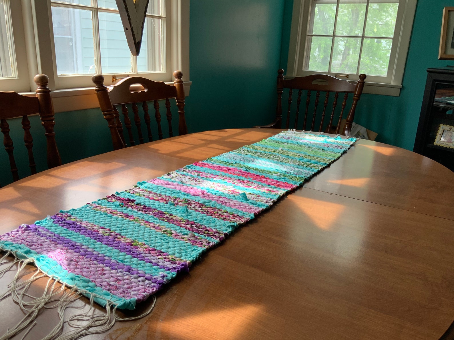 Hand woven table Runner teal and fushia Etsy