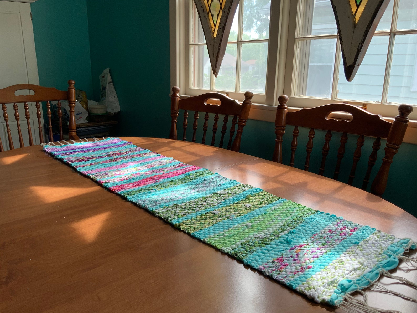 Hand woven table Runner teal and fushia Etsy