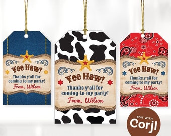 May include: Three printable favor tags with a cowboy theme. The tags feature a red bandana, a cow print, and blue denim. Each tag has a star and the text "Yee Haw! Thanks y'all for coming to my party! From, Wilson".