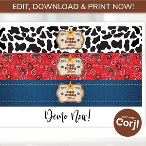May include: A printable design for a cowboy-themed birthday party. The design features a red bandana pattern, a blue denim pattern, and a cowhide pattern. The design includes a customizable text box that says "Happy Birthday Wilson".