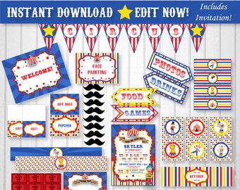 Circus Invitation - Circus Party pack - Download and Type Over the Sample Text Starting Now using Adobe Reader!!!! Carnival Party Supplies
