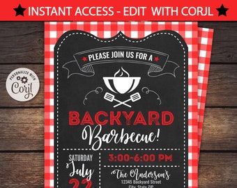 BBQ Invitations - BBQ Birthday - BBQ Party Invitations - Backyard bbq - Barbecue Party Invitations - Instant Access- Edit Now! -