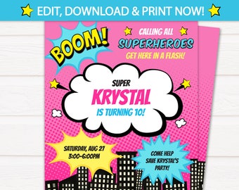 Girl Superhero Party Invitations - Superhero Invitations - Superhero Birthday Invitations - INSTANT DOWNLOAD - Edit NOW with Templett.com!