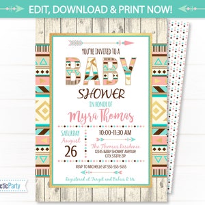 Tribal Baby Shower Invitation, Aztec Baby Shower Invitation, Baby Shower Invitation, Native American Baby Shower INSTANT ACCESS Edit NOW image 1