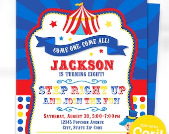 Carnival Invitations - Circus Birthday Invitations - Circus Themed Invitations - Circus Party Invitations - Edit with Corjl