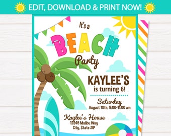beach party invitations beach theme party beach birthday etsy
